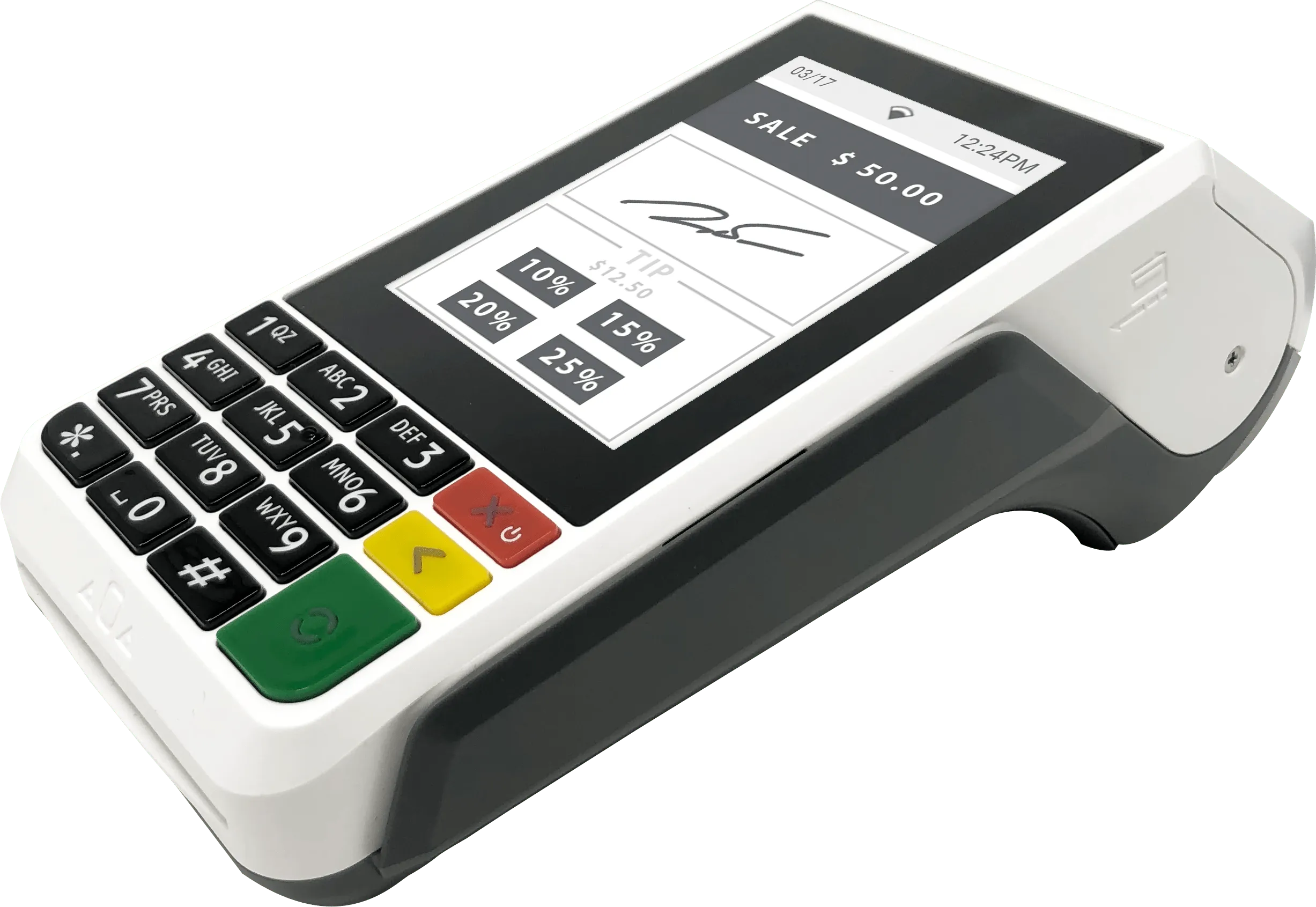 Valor VP100 payment terminal showing a signature on screen