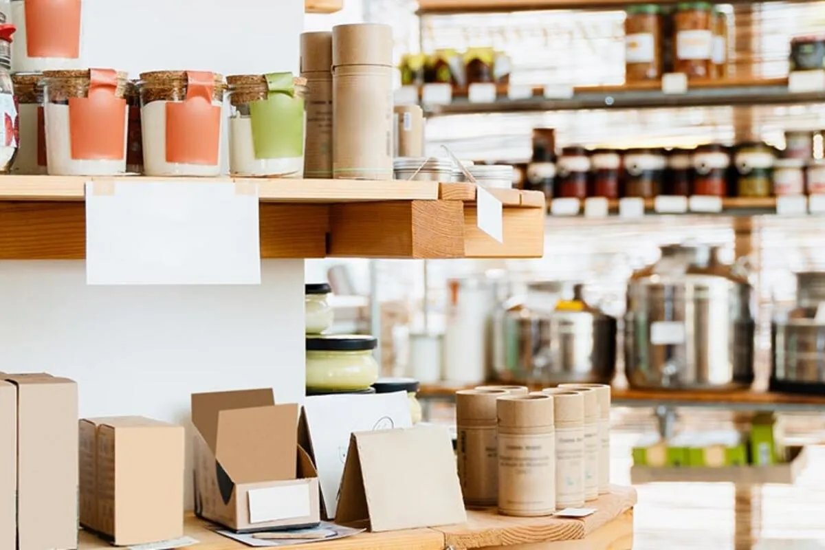 Shelves of packaged stock in a specialty shop