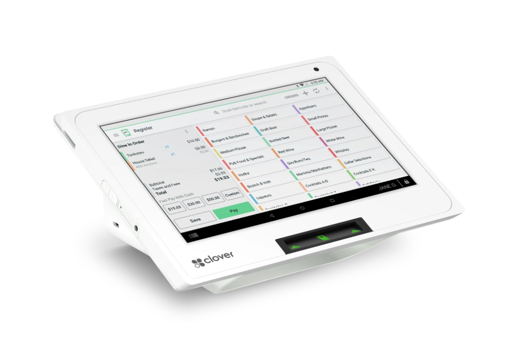 Clover Mini countertop terminal showing the register screen