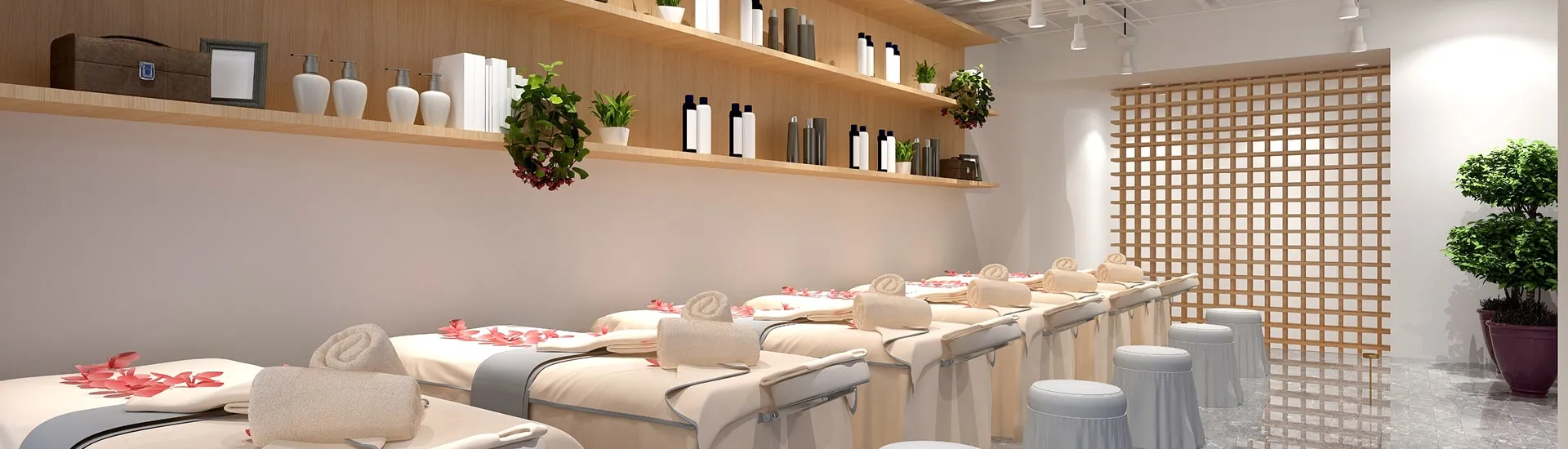 Nail salon interior with pedicure stations and product shelves